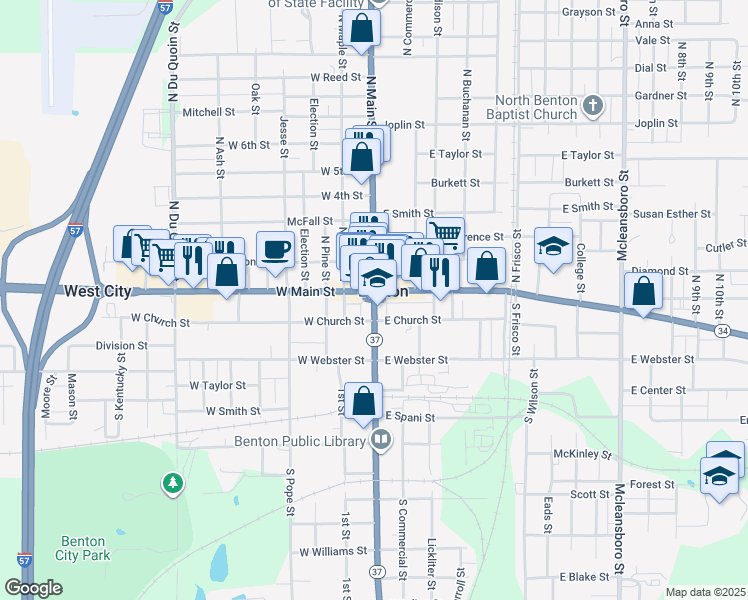 map of restaurants, bars, coffee shops, grocery stores, and more near Illinois 37 in Benton