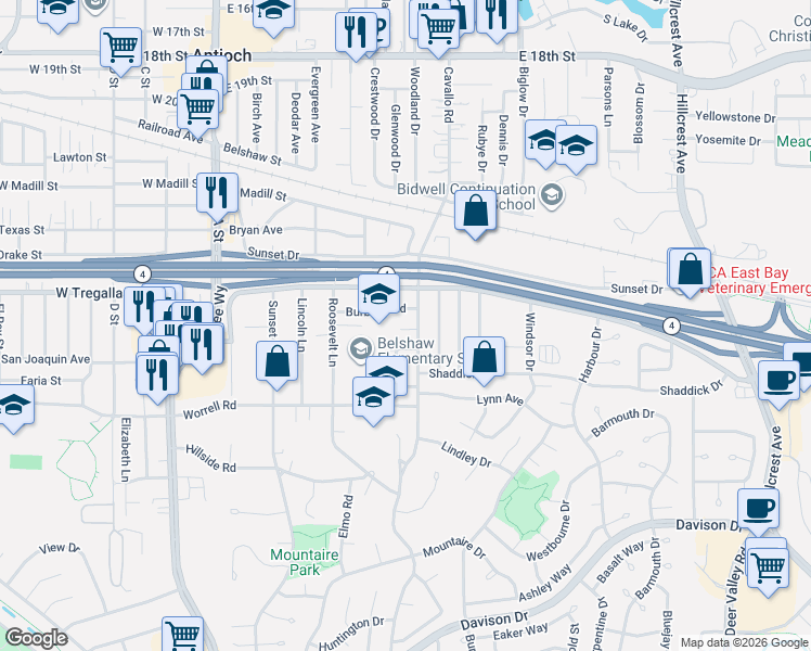 map of restaurants, bars, coffee shops, grocery stores, and more near 331 Brennan Court in Antioch