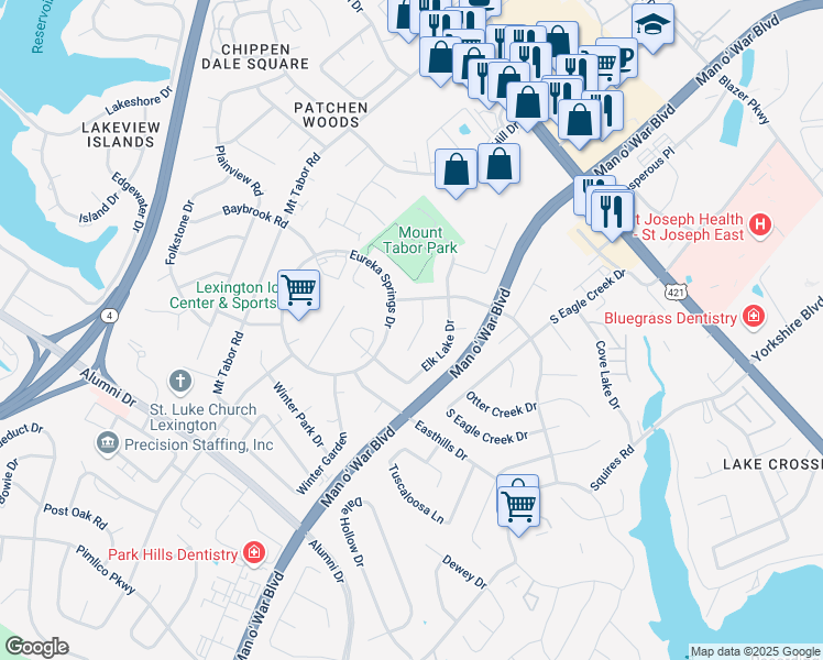 map of restaurants, bars, coffee shops, grocery stores, and more near 697 Eureka Springs Drive in Lexington