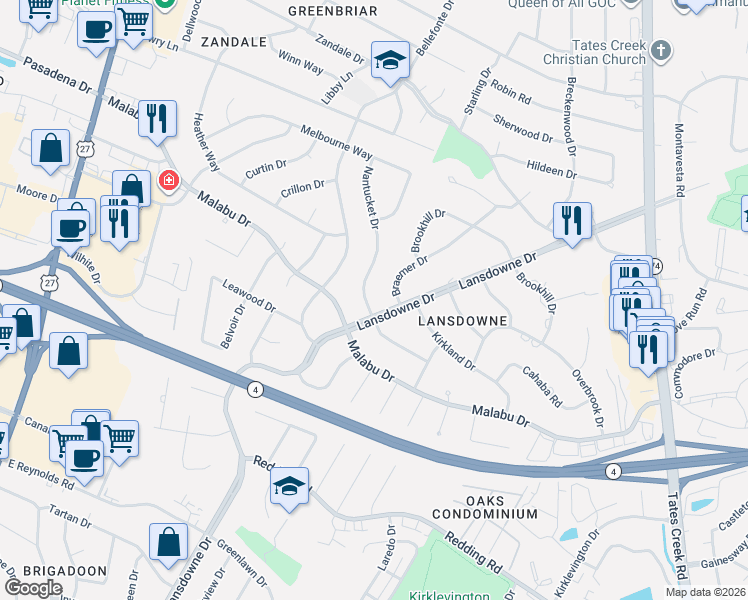 map of restaurants, bars, coffee shops, grocery stores, and more near 3349 Braemer Drive in Lexington