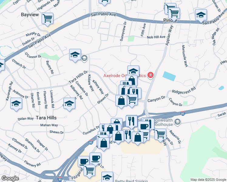 map of restaurants, bars, coffee shops, grocery stores, and more near 1040 Tara Hills Drive in Pinole