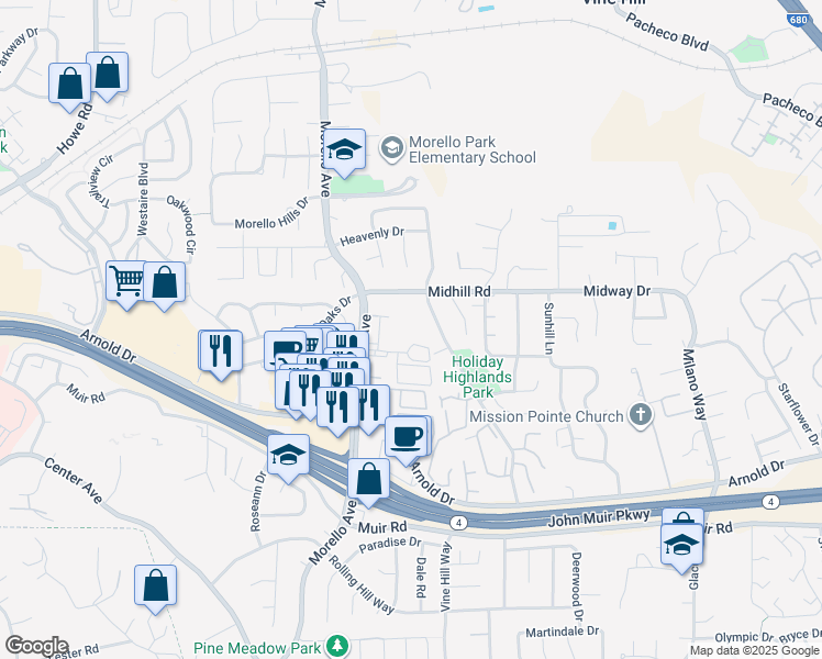 map of restaurants, bars, coffee shops, grocery stores, and more near 444 Fig Tree Lane in Martinez