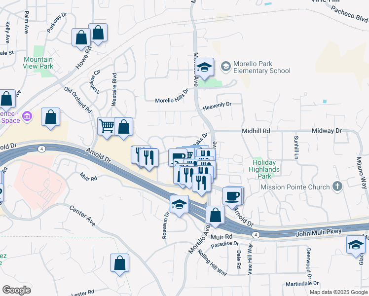 map of restaurants, bars, coffee shops, grocery stores, and more near 1039 Village Oaks Drive in Martinez
