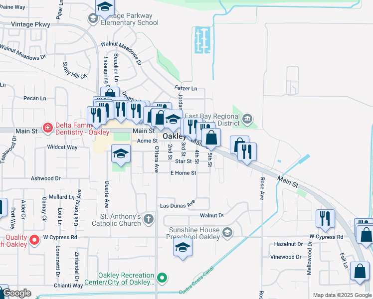 map of restaurants, bars, coffee shops, grocery stores, and more near 220 3rd Street in Oakley