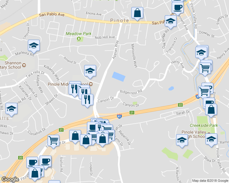 map of restaurants, bars, coffee shops, grocery stores, and more near 1588 Ridgecrest Road in Pinole