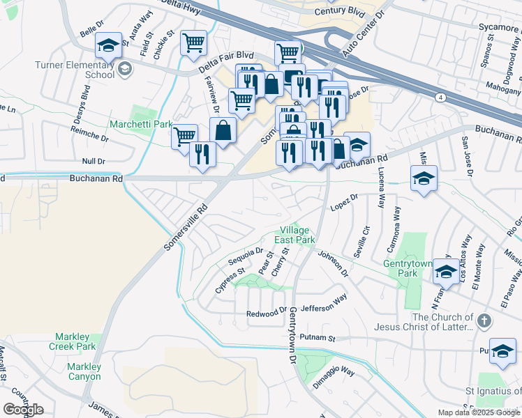 map of restaurants, bars, coffee shops, grocery stores, and more near 2526 Cathy Court in Antioch