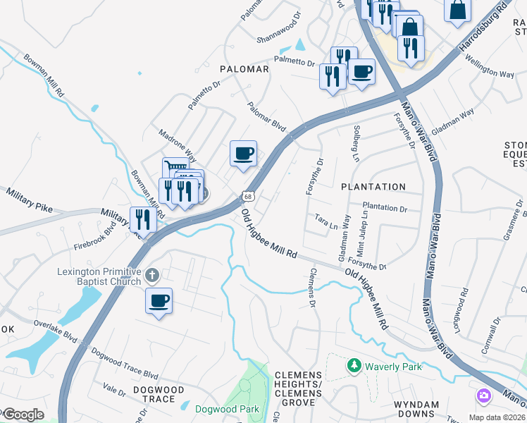 map of restaurants, bars, coffee shops, grocery stores, and more near 4235 Reserve Road in Lexington
