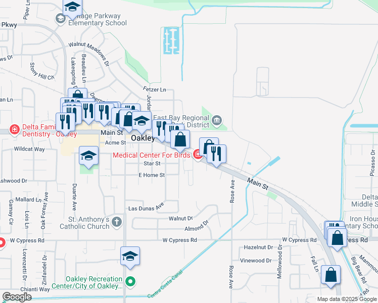 map of restaurants, bars, coffee shops, grocery stores, and more near 3780 Main Street in Oakley