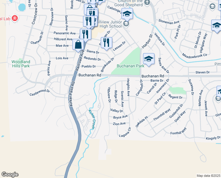 map of restaurants, bars, coffee shops, grocery stores, and more near 4255 Hillview Drive in Pittsburg