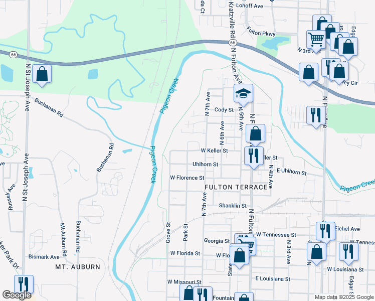 map of restaurants, bars, coffee shops, grocery stores, and more near 1600 Keller Street in Evansville
