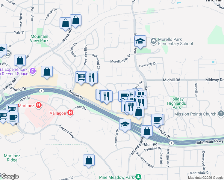 map of restaurants, bars, coffee shops, grocery stores, and more near 1005 Village Oaks Drive in Martinez