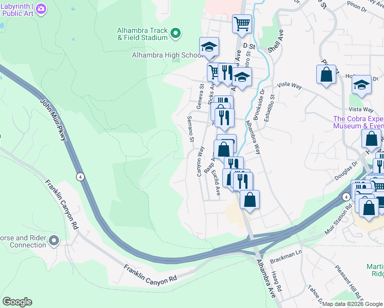 map of restaurants, bars, coffee shops, grocery stores, and more near 3881 Saint Marys Street in Martinez