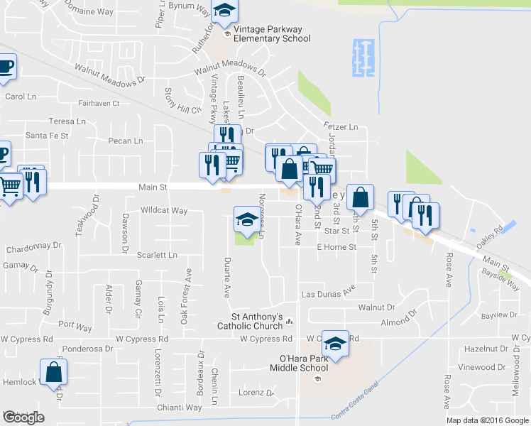 map of restaurants, bars, coffee shops, grocery stores, and more near 226 West Ruby Street in Oakley