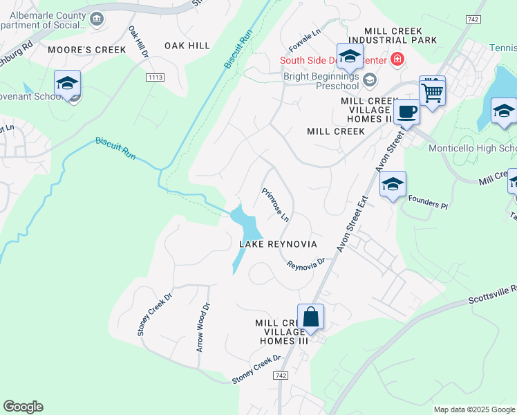 map of restaurants, bars, coffee shops, grocery stores, and more near 229 Buttercup Lane in Charlottesville