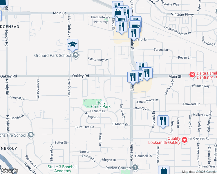 map of restaurants, bars, coffee shops, grocery stores, and more near 4857 Trenton Street in Oakley