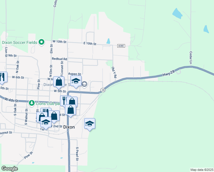 map of restaurants, bars, coffee shops, grocery stores, and more near 402 Highway 28 in Dixon