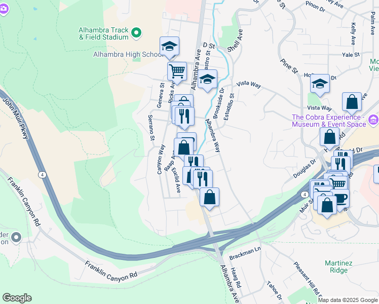 map of restaurants, bars, coffee shops, grocery stores, and more near 3801-3835 Alhambra Avenue in Martinez