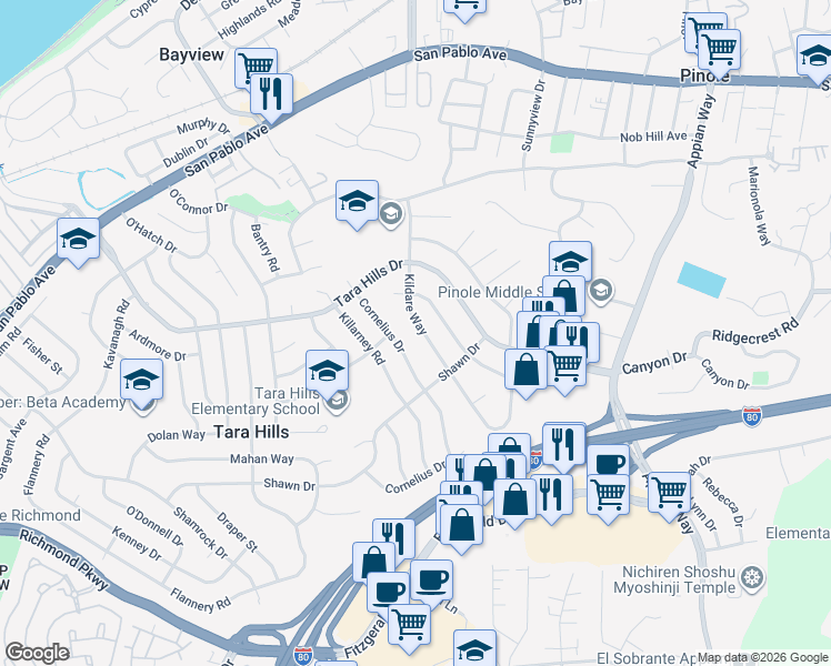 map of restaurants, bars, coffee shops, grocery stores, and more near 1544 Kildare Way in Pinole