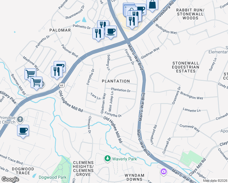 map of restaurants, bars, coffee shops, grocery stores, and more near 1901 Mint Julep Lane in Lexington