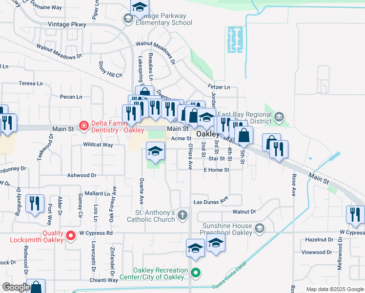 map of restaurants, bars, coffee shops, grocery stores, and more near 120 West Ruby Street in Oakley