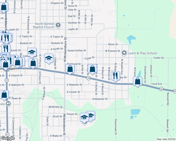 map of restaurants, bars, coffee shops, grocery stores, and more near 1000-1050 Kirkpatrick Street in Benton