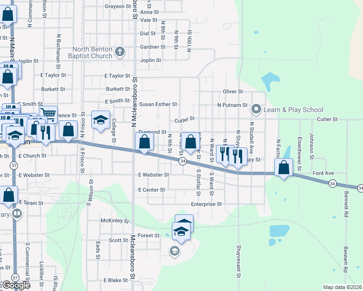 map of restaurants, bars, coffee shops, grocery stores, and more near 1000 Kirkpatrick Street in Benton