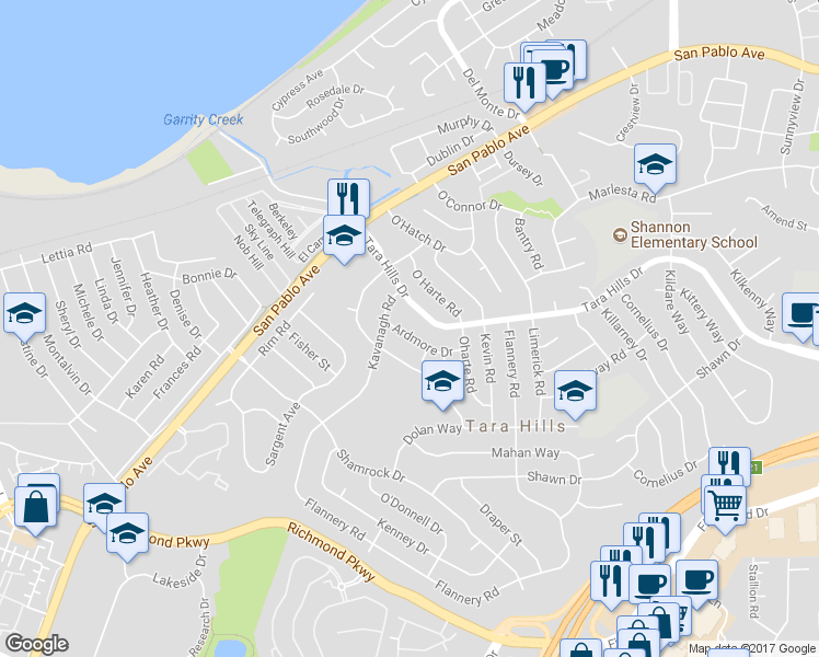 map of restaurants, bars, coffee shops, grocery stores, and more near 2524 Ardmore Drive in San Pablo