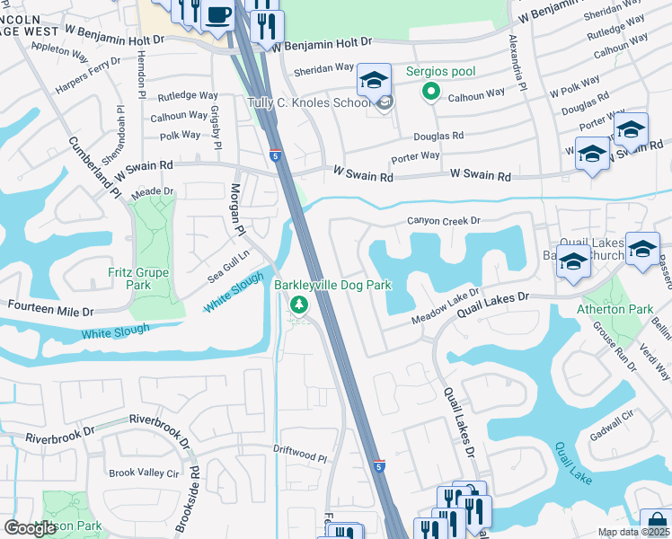 map of restaurants, bars, coffee shops, grocery stores, and more near 5817 Brush Creek Drive in Stockton