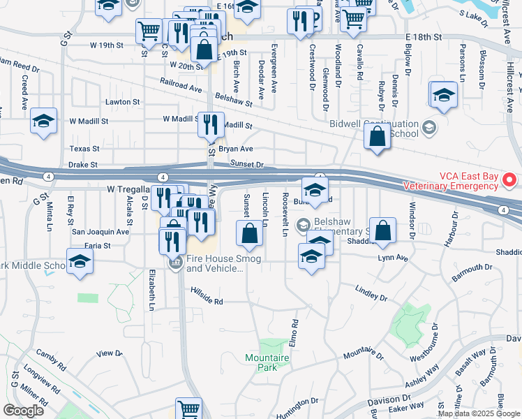 map of restaurants, bars, coffee shops, grocery stores, and more near 2732 Lincoln Lane in Antioch