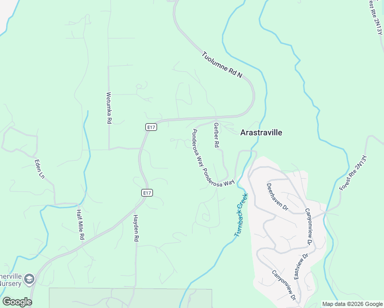 map of restaurants, bars, coffee shops, grocery stores, and more near 20726 Ponderosa Way in Tuolumne