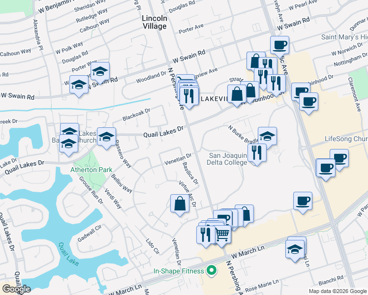 map of restaurants, bars, coffee shops, grocery stores, and more near 1443 San Rocco Circle in Stockton