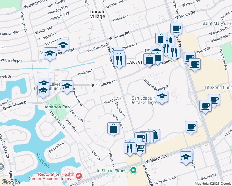 map of restaurants, bars, coffee shops, grocery stores, and more near 1447 San Rocco Circle in Stockton