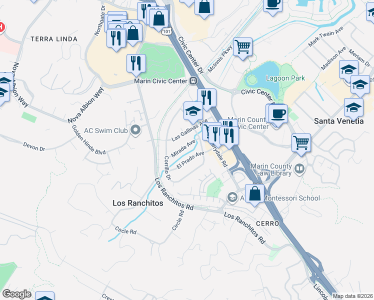 map of restaurants, bars, coffee shops, grocery stores, and more near 206 El Prado Avenue in San Rafael