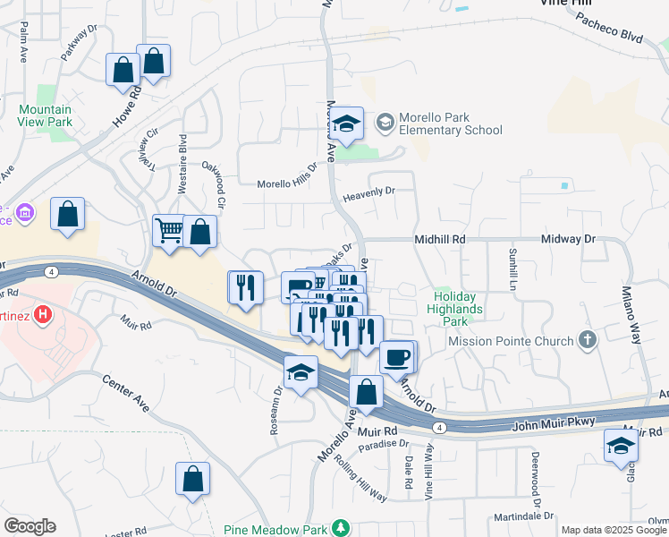 map of restaurants, bars, coffee shops, grocery stores, and more near 1066 Village Oaks Drive in Martinez