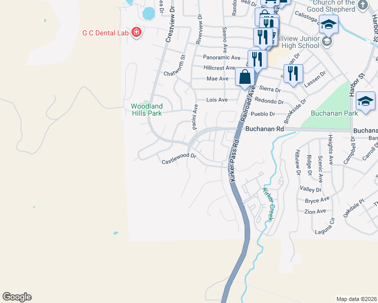 map of restaurants, bars, coffee shops, grocery stores, and more near 215 West Buchanan Road in Pittsburg
