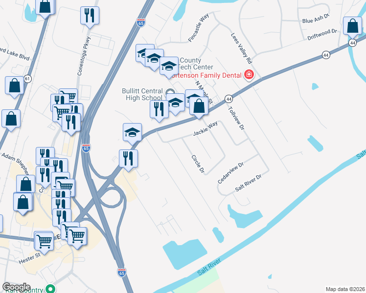 map of restaurants, bars, coffee shops, grocery stores, and more near 141 Circle Drive in Shepherdsville