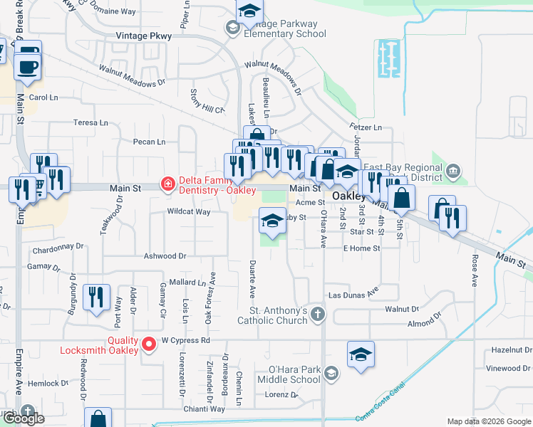 map of restaurants, bars, coffee shops, grocery stores, and more near 360 West Ruby Street in Oakley
