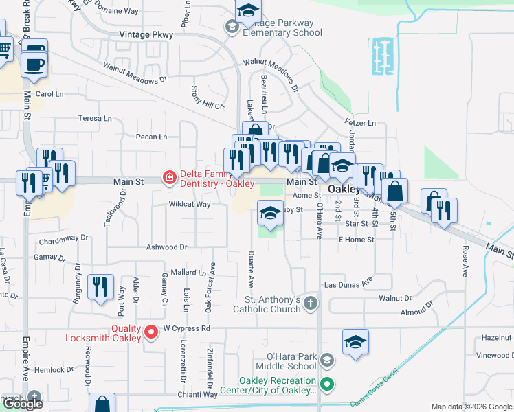 map of restaurants, bars, coffee shops, grocery stores, and more near 380 West Ruby Street in Oakley