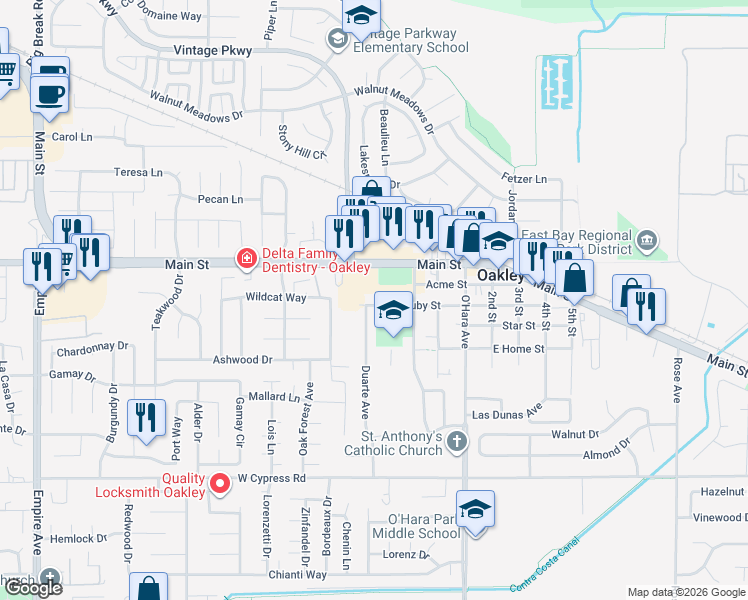 map of restaurants, bars, coffee shops, grocery stores, and more near 360 West Ruby Street in Oakley