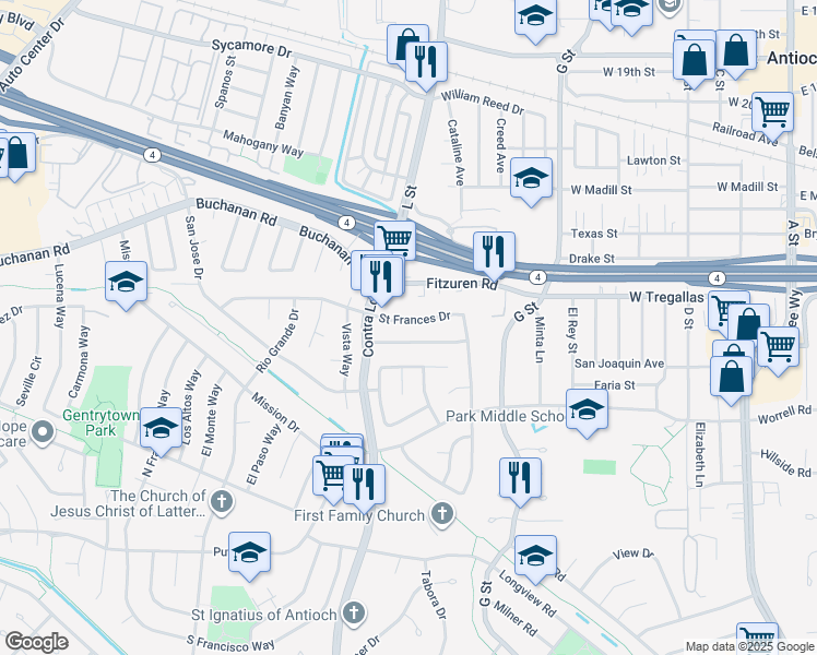 map of restaurants, bars, coffee shops, grocery stores, and more near 1013 Saint Frances Drive in Antioch