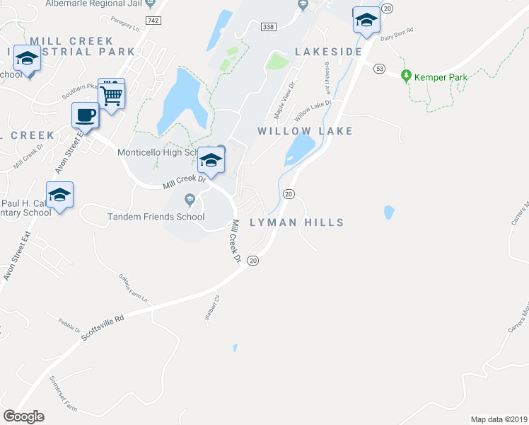 map of restaurants, bars, coffee shops, grocery stores, and more near 1384 Stone Creek Lane in Charlottesville