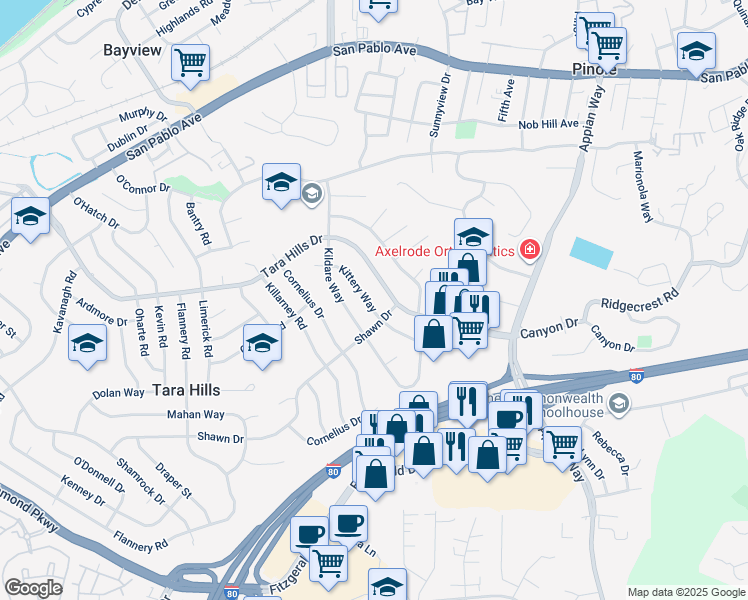 map of restaurants, bars, coffee shops, grocery stores, and more near 976 Kittery Way in Pinole