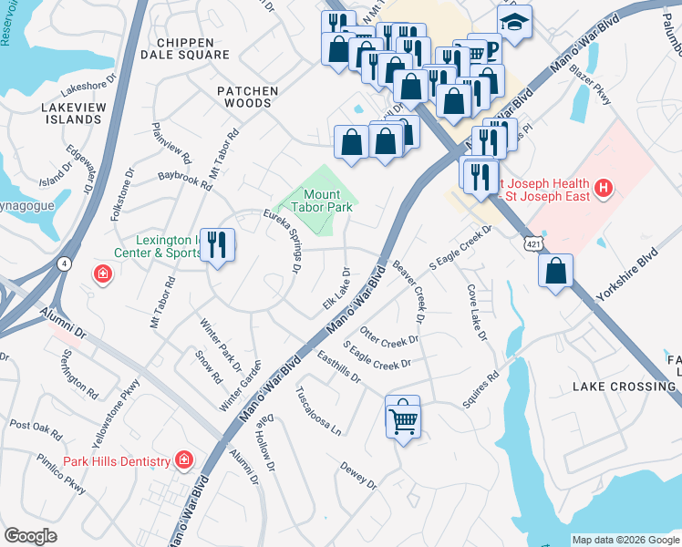 map of restaurants, bars, coffee shops, grocery stores, and more near 617 Elk Lake Drive in Lexington