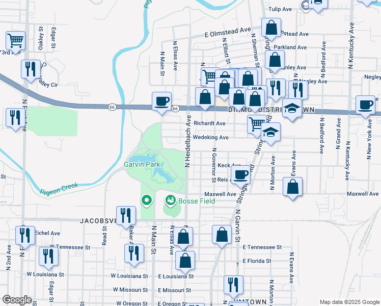 map of restaurants, bars, coffee shops, grocery stores, and more near 2015 North Heidelbach Avenue in Evansville