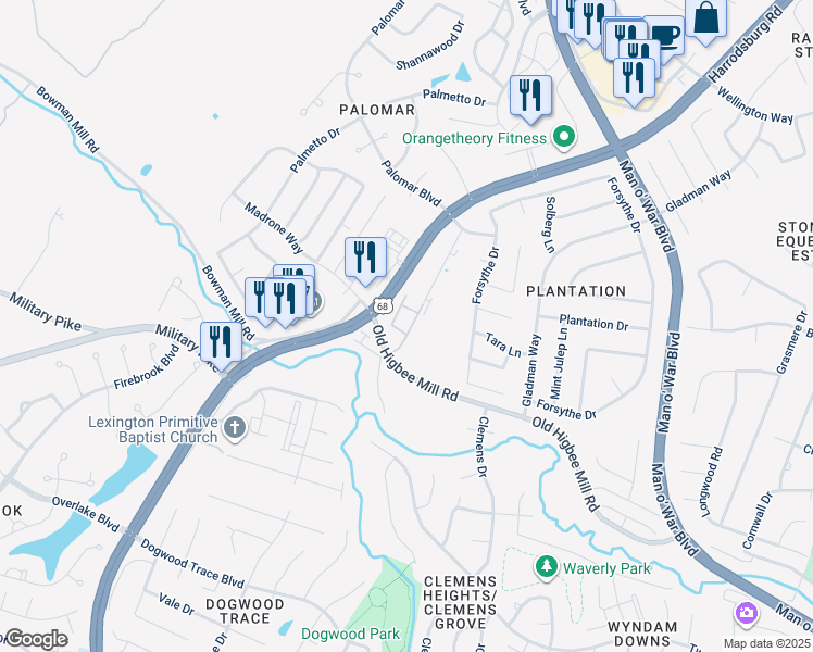 map of restaurants, bars, coffee shops, grocery stores, and more near 4235 Reserve Road in Lexington