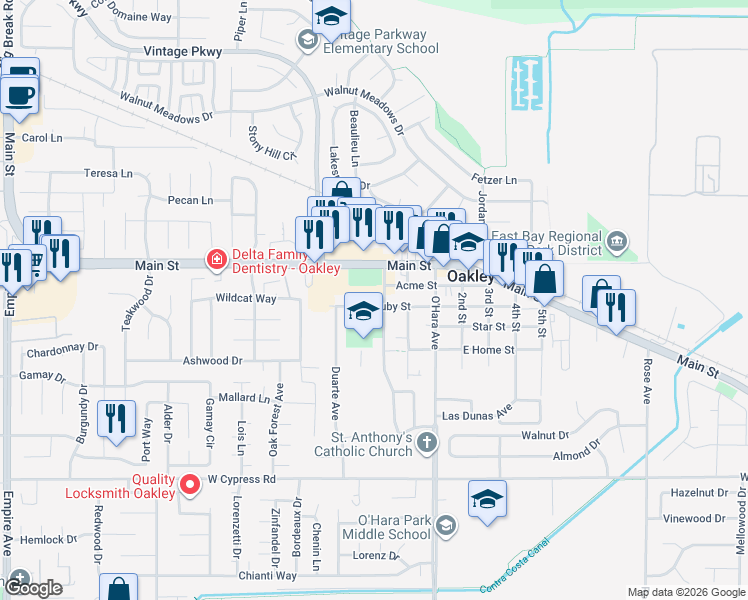 map of restaurants, bars, coffee shops, grocery stores, and more near 320 West Ruby Street in Oakley