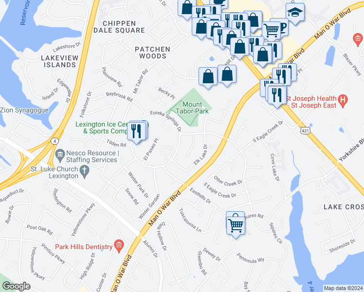 map of restaurants, bars, coffee shops, grocery stores, and more near 697 Eureka Springs Drive in Lexington
