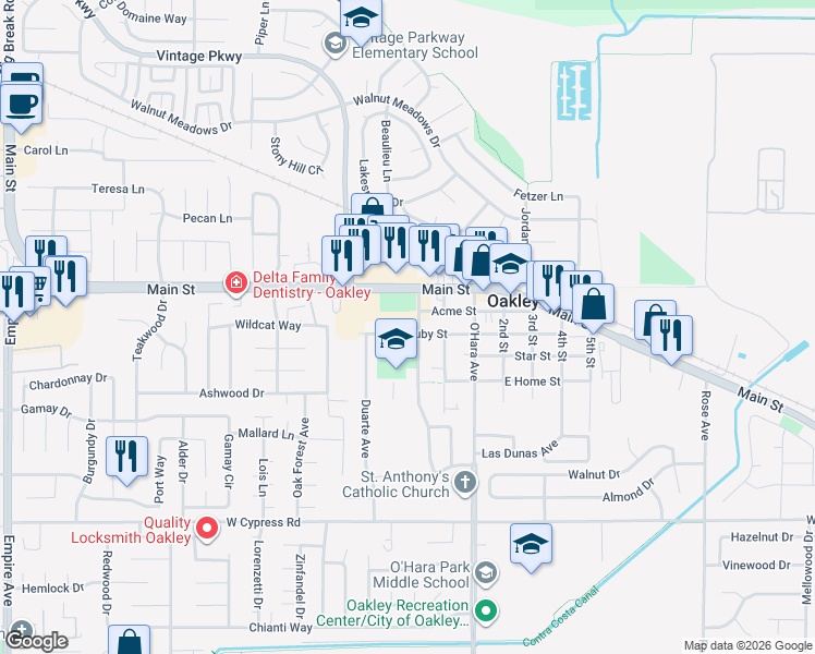 map of restaurants, bars, coffee shops, grocery stores, and more near 226 West Ruby Street in Oakley
