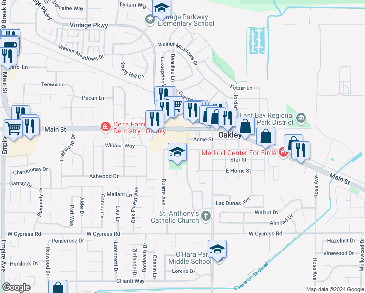 map of restaurants, bars, coffee shops, grocery stores, and more near 320 West Ruby Street in Oakley