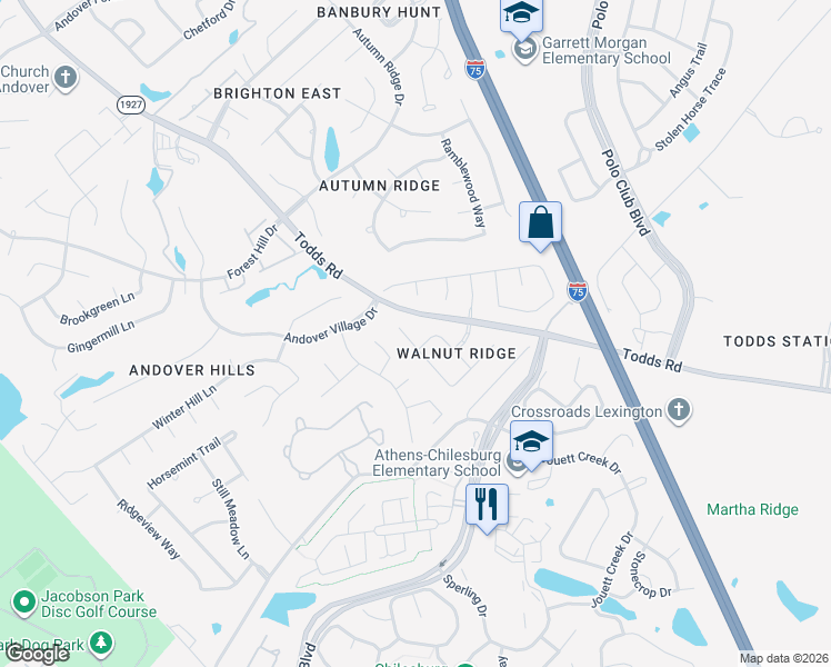 map of restaurants, bars, coffee shops, grocery stores, and more near 799 Spyglass Lane in Lexington